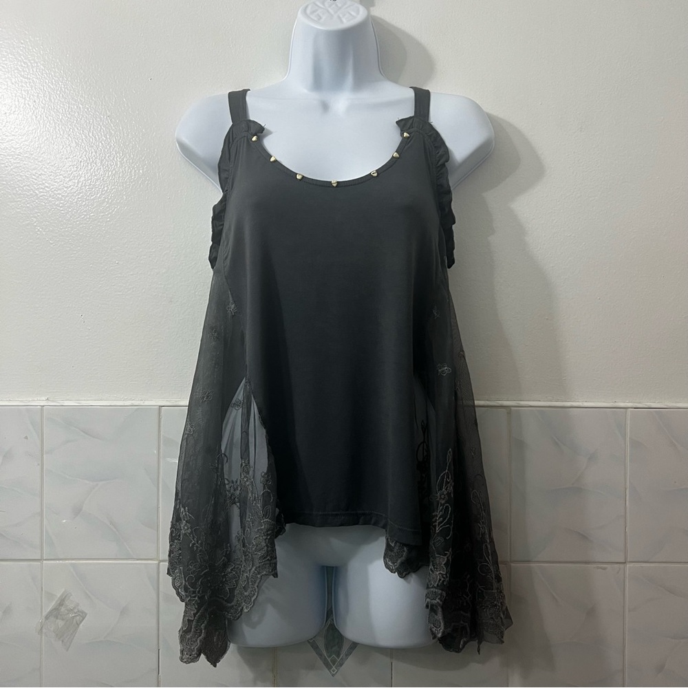 POL S Lace Cami Heart Studded Sleeveless Top Fairy Grunge Whimsigoth Flowy Sheer